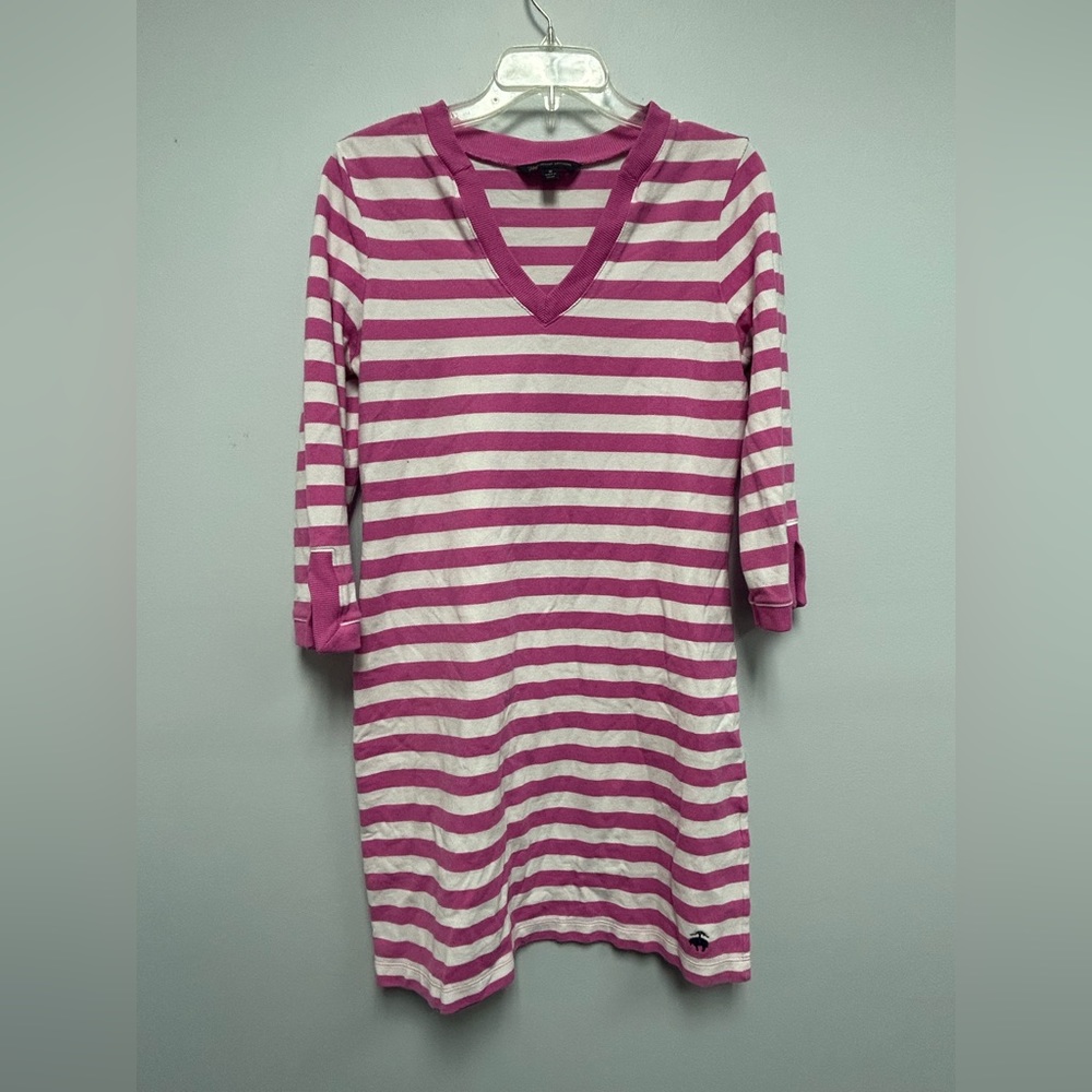Brooks Brothers 3/4 Sleeve Pink and White Striped Pique Midi Dress Size Medium